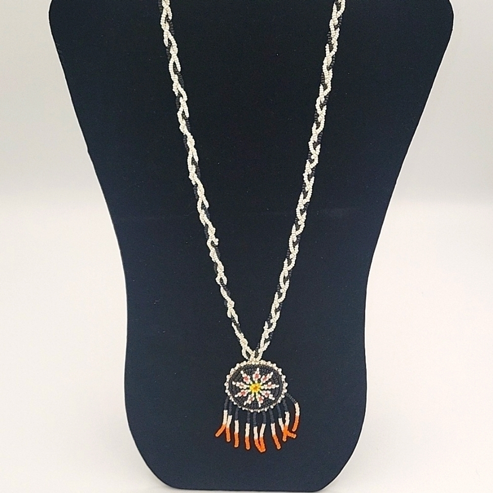 Vintage Native American Seed Bead Necklace white black orange red yellow